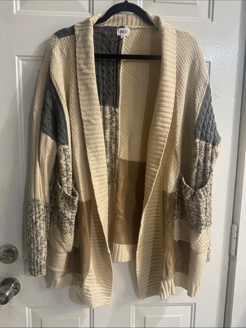 BKE Cream and Gray Patchwork Knit Cardigan